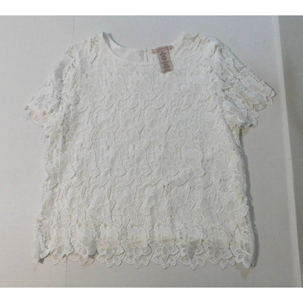 Philosophy Lace Overlay Top XL White Floral Short Sleeve Scoop Neck Lined - Picture 3 of 9